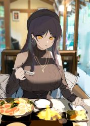 Rule 34 | 1girl, bare shoulders, breasts, brown sweater, clothing cutout, earrings, eating, flat color, food, hat, holding, holding spoon, indoors, jewelry, large breasts, long hair, looking at viewer, necklace, original, plate, restaurant, shoulder cutout, sitting, sketch, spoon, sweater, turtleneck, turtleneck sweater, unfinished, window, xiujia yihuizi, yellow eyes