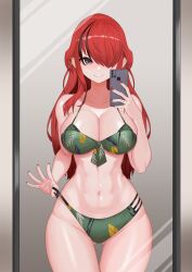 Rule 34 | 1girl, abs, absurdres, bandeau, bikini, black hair, breasts, cellphone, cowboy shot, ear piercing, front-tie bikini top, front-tie top, green bikini, grey eyes, hair over one eye, highres, holding, holding phone, jacket, lain paterson, large breasts, layered bikini, lazycoffee (wyen iscordo), leaf print, long hair, looking at viewer, mirror, multi-strapped bikini bottom, multicolored hair, navel, nijisanji, parted lips, phone, piercing, red hair, red nails, reflection, selfie, smartphone, smile, solo, spiked ear piercing, stomach, strap lift, strapless, streaked hair, swimsuit, taking picture, thigh gap, virtual youtuber, yellow jacket