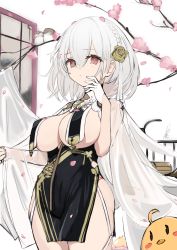 Rule 34 | 1girl, azur lane, bad id, bad pixiv id, bird, black dress, branch, breast curtains, breasts, cherry blossoms, cleavage, closed mouth, commentary, dress, flower, fuyu yafunu, garter straps, gloves, hair flower, hair ornament, highres, large breasts, light frown, looking at viewer, manjuu (azur lane), no bra, pelvic curtain, pink eyes, red eyes, short dress, short hair, sideboob, sirius (azur lane), sirius (azure horizons) (azur lane), sleeveless, sleeveless dress, solo, standing, underboob, veil, white gloves, white hair