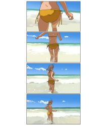 1girl alternate_costume alternate_hairstyle antenna_hair ass ass_focus beach bikini blue_sky braid breasts day from_behind green_eyes grey_hair horizon kantai_collection kinugasa_(kancolle) kinugasa_kai_ni_(kancolle) looking_at_viewer looking_back low_ponytail medium_breasts medium_hair multiple_views ocean ojipon outdoors running side-tie_bikini_bottom single_braid sky smile swimsuit yellow_bikini