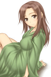 Rule 34 | 1girl, blush, breasts, brown eyes, brown hair, collarbone, forehead, kawada tomoko, kimi kiss, large breasts, long hair, ribucci, robe, simple background, smile, solo, white background
