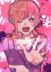 Rule 34 | 1girl, bow, brain, chainsaw man, collarbone, copyright name, cosmo (chainsaw man), eyeball, eyebrows, eyelashes, heart, heart-shaped pupils, kanji, looking at viewer, medium hair, nnse 7, open mouth, paint splatter, pink background, pink hair, purple eyes, shueisha, solo, symbol-shaped pupils, teeth, tongue, twintails