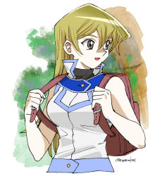 Rule 34 | 1girl, 203wolves, :d, backpack, bag, blonde hair, brown eyes, cropped torso, duel academy uniform (yu-gi-oh! gx), graphite (medium), hair between eyes, highres, jacket, long hair, looking to the side, open mouth, sleeveless, sleeveless jacket, smile, solo, standing, straight hair, tenjouin asuka, traditional media, turtleneck, twitter username, upper body, very long hair, white background, white jacket, yu-gi-oh!, yu-gi-oh! gx