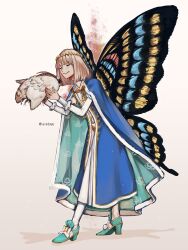 Rule 34 | 1boy, arthropod boy, artist name, blanca (fate), blue cloak, bug, butterfly wings, cloak, crown, diamond hairband, fate/grand order, fate (series), full body, fur-trimmed cloak, fur trim, grey hair, highres, insect, insect wings, leletosu, long sleeves, male focus, medium hair, moth, oberon (fate), simple background, solo, white background, wings
