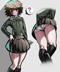 Rule 34 | 1boy, ?, alternate costume, arm at side, ass, black socks, brown hair, brown skirt, closed mouth, commentary, danganronpa: trigger happy havoc, danganronpa (series), dress shirt, english commentary, from below, fujisaki chihiro, green jacket, green ribbon, grey background, grey shirt, hand on own hip, highres, jacket, kneehighs, long sleeves, male focus, miniskirt, multiple views, neck ribbon, panties, ribbon, shiny clothes, shirt, skirt, socks, spoken question mark, thighs, trap, trizzz, underwear