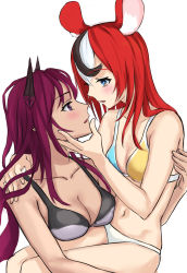 Rule 34 | 2girls, animal ears, arm around back, arms around neck, asymmetrical bangs, bikini, black hair, blue eyes, blush, breast press, breasts, breasts squeezed together, carrying, carrying person, cleavage, collarbone, demon girl, edchi, hakos baelz, hand on another&#039;s face, highres, holocouncil, hololive, hololive english, horns, hug, irys (hololive), looking at another, medium breasts, mouse ears, mouse girl, multicolored hair, multiple girls, navel, open mouth, pointy ears, red hair, simple background, small breasts, swimsuit, upper body, virtual youtuber, white background, yuri
