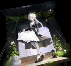 Rule 34 | 1girl, absurdres, apron, arknights, bird, black dress, black footwear, black gloves, building, chain, chinese commentary, collared dress, commentary request, dress, earrings, feather hair, full body, gloves, grey eyes, grey hair, highres, irene (arknights), irene (voyage of feathers) (arknights), jewelry, juliet sleeves, lantern, long hair, long sleeves, looking at viewer, maid apron, maid headdress, mary janes, necklace, official alternate costume, pantyhose, parted lips, plant, ponytail, potted plant, puffy sleeves, scar, scar across eye, shoes, skirt hold, sky, sleeve cuffs, solo, toutou xuanfan, white apron, white bird, white pantyhose, window