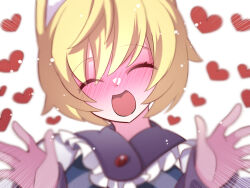 Rule 34 | 1girl, :d, animal ears, blonde hair, blush, closed eyes, commentary request, emphasis lines, fox ears, fox girl, frilled shirt collar, frills, hammer (sunset beach), heart, medium bangs, nose blush, open mouth, short hair, simple background, smile, solo, touhou, upper body, white background, yakumo ran