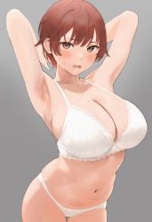 Rule 34 | 1girl, armpits, arms up, blush, bra, breasts, brown eyes, cleavage, collarbone, commentary request, cowboy shot, grey background, highres, lace, lace-trimmed bra, lace trim, large breasts, lingerie, looking at viewer, mole, mole on breast, mole under mouth, navel, nekoshoko, open mouth, original, red hair, short hair, simple background, skindentation, solo, stomach, sweat, thigh gap, tomboy, underwear, underwear only, v-shaped eyebrows, white bra