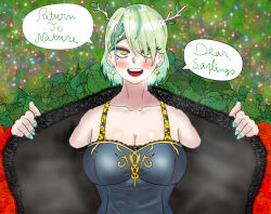 Rule 34 | alternate hairstyle, bags under eyes, black cloak, black coat, braid, branch, breasts, ceres fauna, cleavage, cloak, coat, commentary, crazy smile, earrings, eddarxart, english commentary, english text, flashing, green hair, hair over one eye, half-closed eyes, hololive, hololive english, horns, jacket, jewelry, large breasts, looking at viewer, mature female, mole, mole under eye, motherly, nail polish, nature, open cloak, open clothes, open jacket, open mouth, petals, presenting, rose petals, short hair, smile, speech bubble, talking, talking, virtual youtuber, yandere, yandere trance, yellow eyes