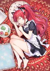 Rule 34 | 1girl, alternate costume, animal ears, cake, cat ears, chigusa asuha, cushion, enmaided, closed eyes, floral print, food, food on face, fork, kemonomimi mode, long hair, lying, maid, maid headdress, no shoes, on side, pillow, plate, ponytail, print pillow, qualidea code, sekiya asami, sleeping, solo, swiss roll, symbol-only commentary, wide ponytail