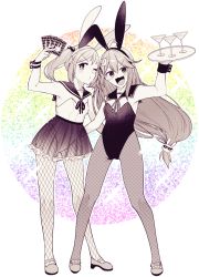 Rule 34 | 2girls, ahoge, animal ears, blush, card, crescent, crescent hair ornament, cup, drink, drinking glass, fake animal ears, fang, fishnets, flat chest, flats, frilled skirt, frills, full body, greyscale, hair bobbles, hair ornament, hair ribbon, hairband, highres, holding, kantai collection, leotard, long hair, low-tied long hair, monochrome, multiple girls, one eye closed, open mouth, pantyhose, playboy bunny, rabbit ears, rabbit hair ornament, ribbon, sailor collar, sazanami (kancolle), see-through, skirt, standing, sunglasses, tanaka io (craftstudio), tray, twintails, uzuki (kancolle), wine glass, wrist cuffs