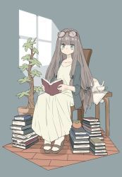 Rule 34 | 1girl, banana takemura, beads, blue jacket, blunt bangs, book, book stack, brown hair, chair, cup, dress, expressionless, eyewear on head, food, fruit, full body, glasses, green eyes, hair beads, hair ornament, holding, holding book, indoors, jacket, legs together, long hair, looking at viewer, low-tied long hair, original, persimmon, plant, potted plant, round eyewear, sandals, saucer, sitting, solo, table, tablecloth, teacup, teapot, white dress, white legwear, window