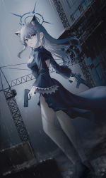 Rule 34 | 1girl, absurdres, animal ears, assault rifle, blue archive, blue dress, blue eyes, blue footwear, breasts, building, cloud, cloudy sky, dress, dual wielding, dutch angle, fog, glock, grey hair, gun, halo, handgun, heterochromia, highres, holding, holding gun, holding weapon, li se, long hair, long sleeves, looking to the side, md5 mismatch, outdoors, rain, resolution mismatch, rifle, shiroko (blue archive), shiroko terror (blue archive), shoes, sidelocks, sig sauer 556, sky, small breasts, source smaller, standing, tower, weapon, wet, window, wolf ears