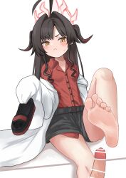 Rule 34 | 1girl, absurdres, barefoot, black hair, blue archive, blush, feet, highres, horns, kasumi (blue archive), long hair, lts kakuyo, shoes, unworn shoes, shorts, single shoe, slippers, soles, toes, yellow eyes