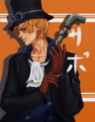 Rule 34 | 1boy, blonde hair, double-breasted, gloves, goggles, goggles on headwear, hat, male focus, one piece, pole, sabo (one piece), scar, solo, top hat