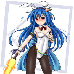 Rule 34 | 1girl, adapted costume, animal ears, black pantyhose, blue hair, blush, cowboy shot, detached collar, fire, flat chest, flying sweatdrops, hinanawi tenshi, leotard, long hair, mail (mail gell), neck ribbon, pantyhose, playboy bunny, rabbit ears, rabbit girl, rabbit tail, red eyes, red ribbon, ribbon, solo, standing, strapless, strapless leotard, sword of hisou, tail, touhou, white leotard, wrist cuffs