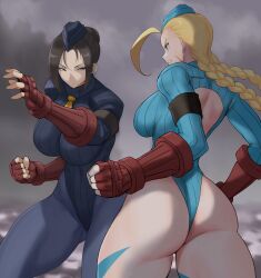 Rule 34 | 2girls, ahoge, anagumasan, angry, ass, black hair, blonde hair, braid, breasts, cammy white, capcom, fighting stance, juli (street fighter), large breasts, leotard, long hair, looking at another, multiple girls, scar, sideboob, street fighter, street fighter zero (series), thick thighs, thighs, turtleneck