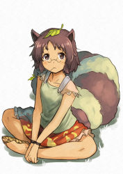 Rule 34 | 1girl, animal ears, bracelet, brown eyes, brown hair, female focus, futatsuiwa mamizou, glasses, indian style, jewelry, letterboxed, looking at viewer, mouth hold, pince-nez, raccoon ears, raccoon tail, sandals, shibasaki shouji, shirt, short hair, simple background, sitting, skirt, solo, tail, tanuki, touhou, twig