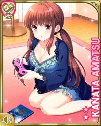 Rule 34 | 1girl, :o, amatsu kanata, bare legs, barefoot, bedroom, blue shirt, blue shorts, brown hair, card, character name, day, girlfriend (kari), holding, indoors, kneeling, long hair, official art, open mouth, playstation controller, qp:flapper, red eyes, shirt, shorts, sleepwear, solo, tagme, twintails