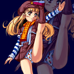 Rule 34 | blonde hair, hat, kicking, panties, red eyes, scarf, short twintails, striped, twintails, underwear