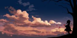 Rule 34 | 1girl, absurdres, bare tree, blue sky, branch, cloud, cloudy sky, day, highres, inoshin (inixia1748), komeiji koishi, leaf, scenery, silhouette, sky, solo, touhou, tree, white sky