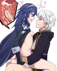 Rule 34 | 1boy, 1girl, blue eyes, blue hair, blush, bottomless, breasts, clothes lift, couple, cum, cum in pussy, fingerless gloves, fire emblem, fire emblem: kakusei, girl on top, gloves, happy sex, heart, long hair, lucina, my unit, nintendo, open clothes, open mouth, orange eyes, penis, roy (fire emblem), sex, shirt lift, simple background, small breasts, tiara, umayahara0130, uncensored, vaginal, white hair, x-ray