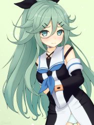 Rule 34 | 10s, 1girl, 3:, asakura meito, commentary request, detached sleeves, green background, green hair, hair ornament, hair ribbon, hairclip, highres, kantai collection, leaning forward, long hair, looking at viewer, panties, ribbon, school uniform, serafuku, simple background, solo, underwear, white panties, yamakaze (kancolle)