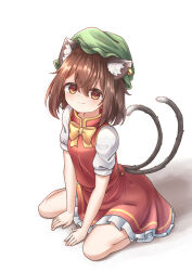 Rule 34 | 1girl, absurdres, animal ear fluff, animal ear piercing, animal ears, blush, bow, bowtie, breasts, brown eyes, brown hair, cat ears, cat tail, chen, closed mouth, double-parted bangs, earrings, full body, gold trim, green hat, hair between eyes, hat, highres, jewelry, knees, looking at viewer, medium hair, mob cap, multiple tails, nekomata, petite, puffy short sleeves, puffy sleeves, red skirt, red vest, shadow, short sleeves, simple background, single earring, sitting, skirt, skirt set, small breasts, smile, solo, tail, touhou, tsubakipan, two tails, vest, wariza, white background, yellow bow, yellow bowtie