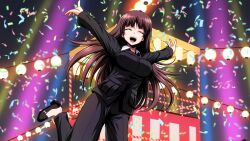 Rule 34 | 1girl, :d, arms up, black jacket, black pants, blunt bangs, brown hair, commentary request, confetti, dress shirt, facing viewer, formal, girls und panzer, highres, jacket, kamishima kanon, lantern, leg up, long hair, long sleeves, mature female, night, nishizumi shiho, open mouth, outstretched arms, pant suit, pants, paper lantern, podium, shirt, smile, solo, spread arms, standing, standing on one leg, straight hair, suit, tracen ondo (song), white shirt, wing collar