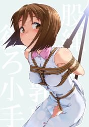 Rule 34 | 1girl, arms behind back, aya shachou, bdsm, bent over, blush, bob cut, bondage, bound, breasts, brown eyes, brown hair, crotch rope, dress, female focus, hagiwara yukiho, happy, highres, idolmaster, idolmaster (classic), looking at viewer, restrained, rope, shibari, short hair, sleeveless, small breasts, smile, solo, sweat, translation request