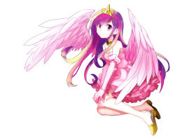 Rule 34 | 1girl, crown, dress, feathered wings, full body, gloves, long hair, looking at viewer, megarexetera, multicolored hair, my little pony, my little pony: friendship is magic, personification, pink dress, pink gloves, cadance (my little pony), purple eyes, rex k, shoe dangle, shoes, smile, solo, strapless, strapless dress, white background, wings