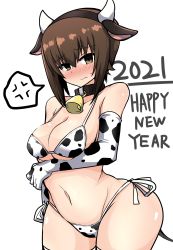 Rule 34 | 1girl, 2021, absurdres, alternate costume, anger vein, animal collar, animal ears, animal print, bell, bikini, black collar, blush, breasts, brown eyes, brown hair, cleavage, closed mouth, collar, commentary request, cow ears, cow horns, cow print, cowboy shot, elbow gloves, english text, fake animal ears, fake horns, frown, girls und panzer, gloves, happy new year, highres, horns, large breasts, looking at viewer, navel, neck bell, new year, nishizumi maho, print bikini, print gloves, short hair, side-tie bikini bottom, simple background, solo, spoken anger vein, standing, string bikini, sweatdrop, swimsuit, thighhighs, white background, white bikini, white gloves, yogurt bakudan