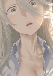 1girl absurdres blonde_hair breasts cleavage collarbone collared_shirt hair_between_eyes highres hyakusyo69 lips long_hair_between_eyes looking_at_viewer make_heroine_ga_oo_sugiru! parted_lips portrait sanpaku shikiya_yumeko shirt white_shirt yellow_eyes