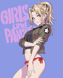 Rule 34 | 1girl, absurdres, bikini, bikini bottom only, blonde hair, blue background, blue eyes, blush, breasts, closed mouth, commentary request, cropped jacket, fingernails, girls und panzer, highres, holding own arm, jacket, kay (girls und panzer), lips, long fingernails, long hair, looking at viewer, medium breasts, navel, parted bangs, ponytail, saunders military uniform, short sleeves, simple background, smile, solo, stomach, string bikini, striped bikini, striped clothes, swimsuit, yamashita shun&#039;ya