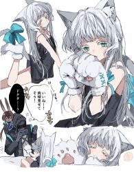 Rule 34 | 1other, 2girls, amiya (arknights), angry, animal ear fluff, animal ears, animal hands, arknights, arm support, bare shoulders, bed, black dress, black gloves, black jacket, blue bow, blush, bow, brown hair, camera, cat ears, cat girl, cat paws, cat tail, comic, doctor (arknights), dress, gloves, green eyes, highres, holding, holding camera, hood, hood up, hooded jacket, jacket, leg up, long hair, low ponytail, mask, multiple girls, multiple views, na tarapisu153, nyan, paw pose, rabbit ears, rosmontis (arknights), shaded face, sleeveless, sleeveless dress, smile, strap slip, tail, taking picture, waving, white background, white footwear, white gloves, white hair