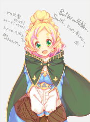 Rule 34 | blonde hair, blue shirt, cape, commentary request, cosplay, cure flora, earrings, flower earrings, go! princess precure, green cape, green eyes, haruno haruka, highres, jewelry, multicolored hair, nintendo, pink hair, pointy ears, precure, princess zelda, princess zelda (cosplay), shirt, the legend of zelda, the legend of zelda: breath of the wild, the legend of zelda: tears of the kingdom, thick eyebrows, translation request, two-tone hair, wara@