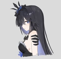 Rule 34 | 1girl, bare shoulders, black bow, black dress, black hair, blue eyes, blue hair, bow, breasts, closed mouth, commentary, copyright request, cropped torso, dress, english commentary, from side, grey background, hair between eyes, highres, looking at viewer, looking to the side, medium breasts, misaki d3su, multicolored hair, profile, signature, simple background, solo, two-tone hair, upper body