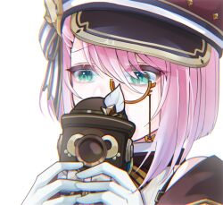 Rule 34 | 1girl, cabbie hat, camera, charlotte (genshin impact), commentary, genshin impact, gloves, green eyes, hat, highres, holding, holding camera, monocle, pink hair, portrait, red hat, rui (sa0w), short hair, simple background, solo, white background, white gloves