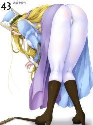 Rule 34 | 00s, 1girl, ass, bent over, blonde hair, blue eyes, blush, bodysuit, boots, breasts, dress, flail, from behind, gainos priestess melpha, glasses, hat, high heels, highres, huge breasts, jpeg artifacts, kneepits, long hair, melpha, queen&#039;s blade, shoes, solo, very long hair, weapon, zundarepon