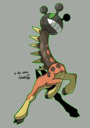 Rule 34 | absurdres, animal focus, artist name, colored sclera, creatures (company), dated, farigiraf, full body, game freak, giraffe, green eyes, green outline, green sclera, grey background, grin, hanato yousei, happy, highres, looking at viewer, nintendo, no humans, outline, pokemon, pokemon (creature), rearing, signature, simple background, smile, solo, standing, teeth