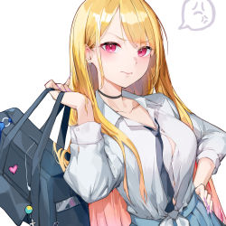 Rule 34 | 1girl, 3:, anger vein, badge, bag, bag charm, black choker, black necktie, blonde hair, blue skirt, blush, breasts, button badge, charm (object), choker, closed mouth, collarbone, cowboy shot, earrings, fingernails, gradient hair, hand on own hip, highres, holding, holding bag, jewelry, kitagawa marin, long fingernails, long hair, long sleeves, looking at viewer, medium breasts, multicolored hair, nail polish, necktie, orange hair, pink eyes, pleated skirt, purple nails, school bag, school uniform, simple background, skirt, solo, sono bisque doll wa koi wo suru, speech bubble, spoken anger vein, v-shaped eyebrows, very long hair, white background, wo chi xiangjiao pi