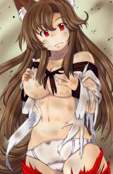 Rule 34 | 1girl, animal ears, bad id, bad pixiv id, breasts, brown hair, defeat, imaizumi kagerou, large breasts, long hair, looking at viewer, memento mori (m.m), memento mori (pixiv), navel, panties, red eyes, solo, tail, tears, torn clothes, touhou, underwear, undressing, white panties, wolf ears, wolf tail