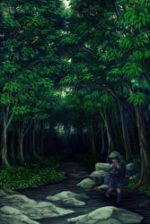 Rule 34 | 1girl, akaiha (akaihagusk), backpack, bad id, bad pixiv id, bag, blue dress, blue eyes, blue footwear, blue hair, blurry, boots, branch, carrying, closed mouth, collar, day, depth of field, dress, flat cap, forest, full body, green hat, hair bobbles, hair ornament, hat, highres, jewelry, kawashiro nitori, key, long sleeves, matching hair/eyes, nature, necklace, outdoors, plant, river, rock, rubber boots, shore, smile, solo, sunlight, thighhighs, touhou, tree, wading, water, zettai ryouiki