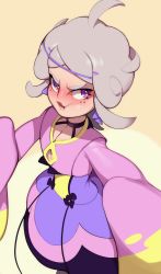 Rule 34 | 1boy, absurdres, ahoge, bede (pokemon), blush, choker, closed mouth, combos &amp; doodles, commentary, cosplay, creatures (company), crossdressing, curly hair, eyelashes, game freak, grey hair, hair ribbon, highres, long sleeves, looking at viewer, male focus, nintendo, pokemon, pokemon swsh, pokemon xy, pout, purple eyes, purple ribbon, ribbon, solo, valerie (pokemon), valerie (pokemon) (cosplay)
