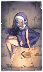 Rule 34 | 1girl, absurdres, barefoot, bingwei huang, blue hair, bowl, closed mouth, coin, highres, looking at viewer, nun, original, pointy ears, sitting, solo, weeds, yellow eyes