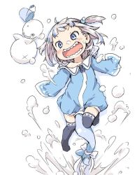 Rule 34 | 1girl, black thighhighs, blue eyes, blue hair, bucket, female focus, fins, fish tail, gawr gura, ham (points), hololive, hololive english, jumping, multicolored hair, open mouth, shark girl, shark tail, sharp teeth, simple background, sleeves past wrists, snow, snowman, solo, tail, teeth, thighhighs, two side up, virtual youtuber, white background, white hair