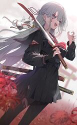 Rule 34 | 1girl, black dress, black sailor collar, black thighhighs, bleeding, blood, bow, braid, commentary request, cuts, dress, fox mask, grey eyes, grey hair, holding, holding sword, holding weapon, hukahire0120, injury, katana, long hair, long sleeves, mask, multiple swords, open mouth, original, outdoors, rain, red bow, red nails, sailor collar, smile, solo, standing, sword, thighhighs, torii, torn clothes, weapon, wet