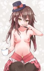 Rule 34 | 1girl, black pantyhose, borrowed character, bow, breasts, brown hair, cafe-chan to break time, cafe (cafe-chan to break time), coffee, coffee cup, cream, cup, disposable cup, hat, hat bow, holding, holding cup, long hair, looking at viewer, medium breasts, mini hat, navel, naz (garyuuya), nipples, pantyhose, pink bow, pink skirt, sitting, skirt, smile, solo, star (symbol), suggestive fluid, tongue, tongue out, topless, yellow eyes