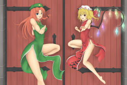 Rule 34 | 2girls, :d, alternate costume, bare shoulders, barefoot, bat (animal), beret, blonde hair, blue eyes, breasts, china dress, chinese clothes, cookin, door, dress, covered erect nipples, feet, fighting stance, flandre scarlet, gate, glowing, glowing wings, hat, highres, hong meiling, jumping, legs, martial arts, mob cap, multiple girls, open mouth, orange hair, red eyes, sleeveless, sleeveless dress, small breasts, smile, star (symbol), thighs, touhou, wings
